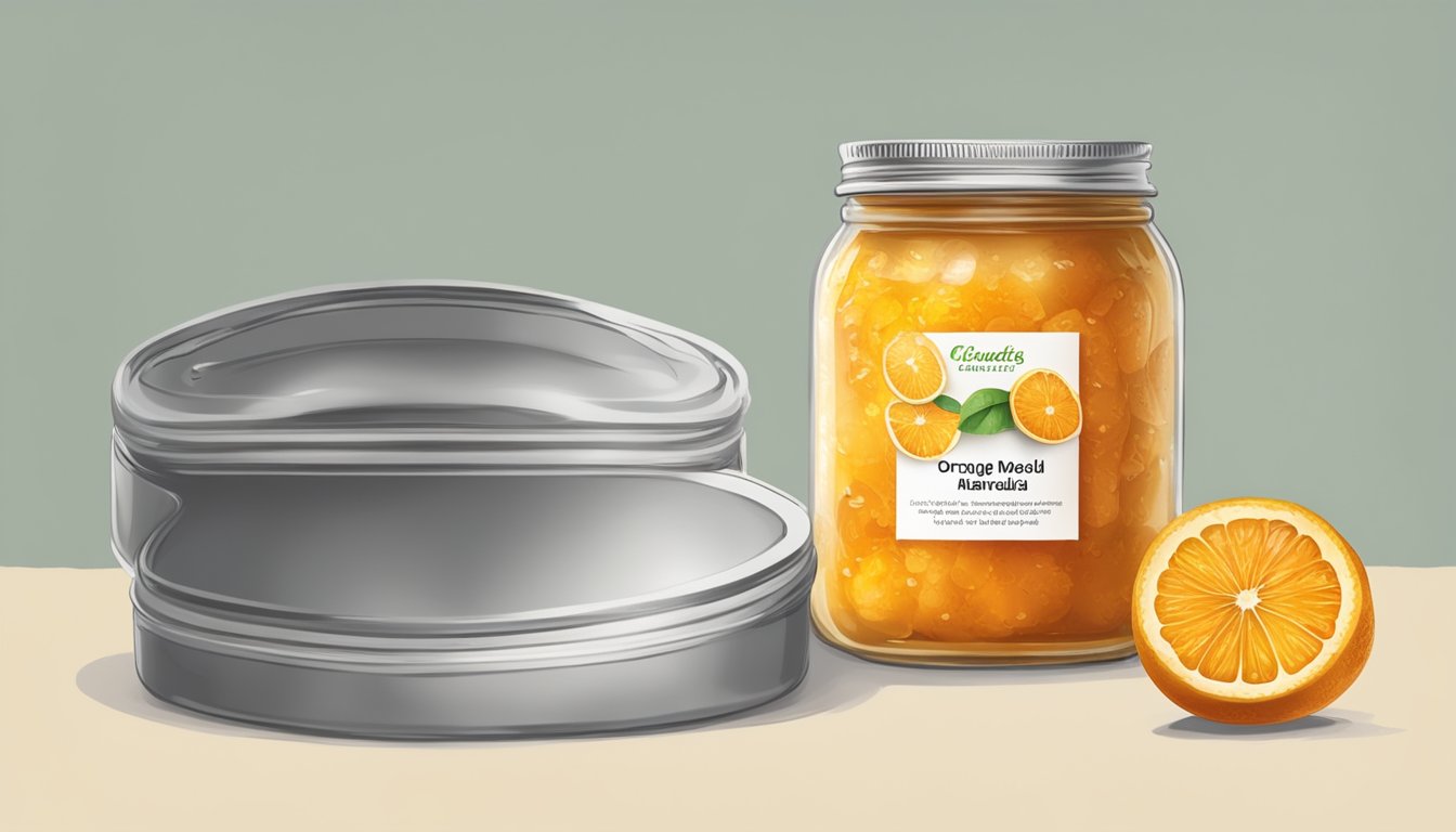 A jar of expired orange marmalade with visible mold and discoloration