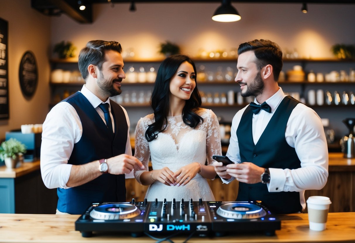 A couple and a DJ discussing wedding details in a cozy coffee shop