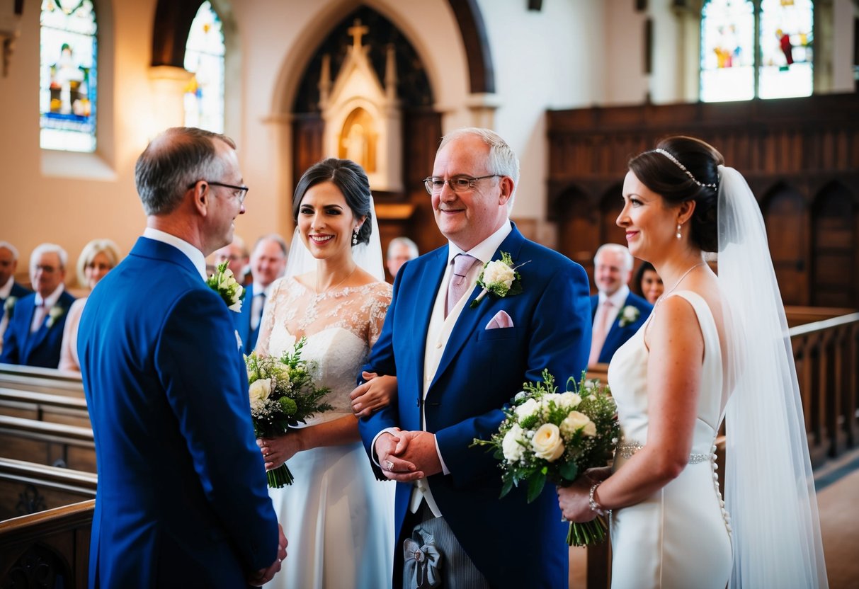 A wedding ceremony in a traditional UK church, with parents standing as witnesses beside the bride and groom