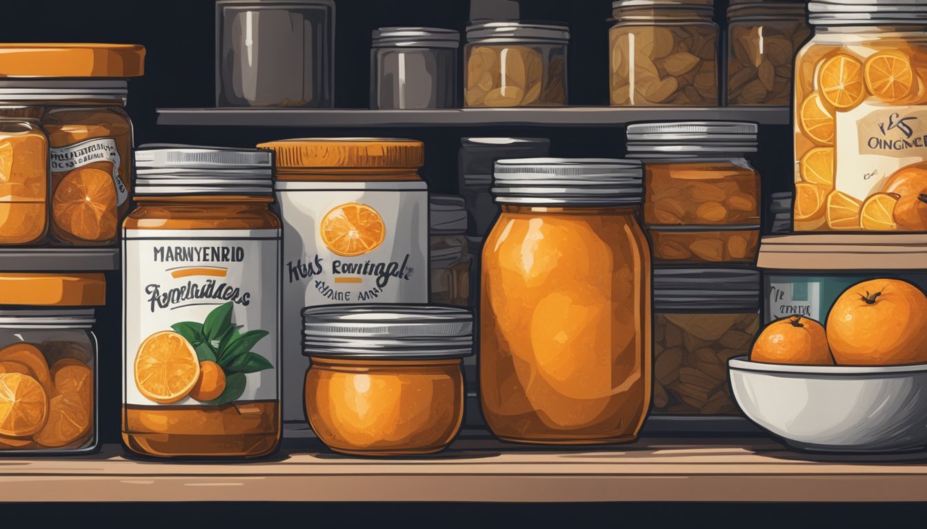 A jar of expired orange marmalade sits on a shelf, surrounded by other canned goods in a dimly lit pantry