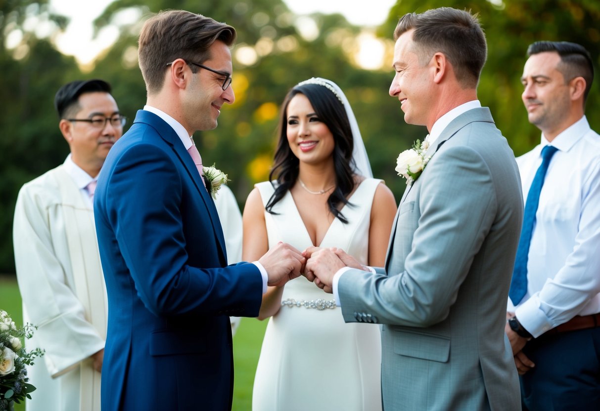 A wedding ceremony with two individuals exchanging vows, while two other individuals stand nearby as witnesses