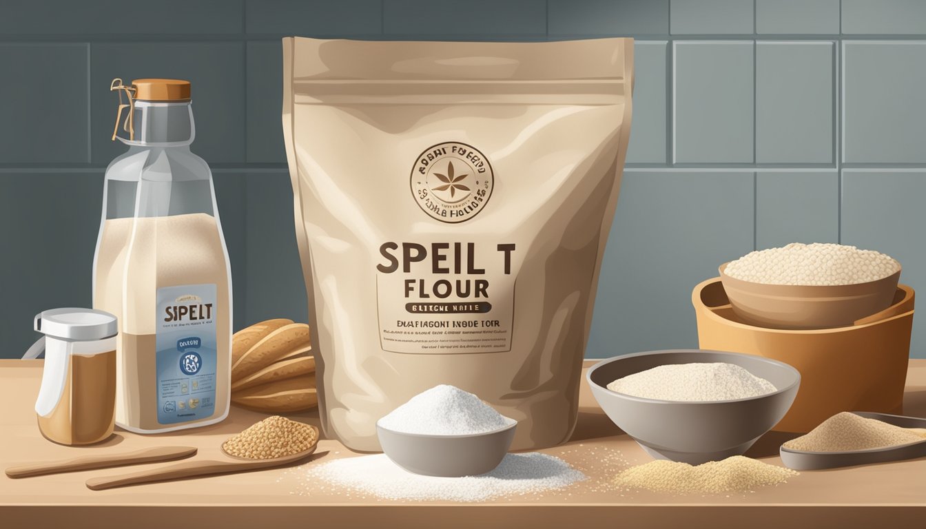 A bag of spelt flour with a prominent expiration date, surrounded by various baking ingredients and utensils on a kitchen countertop