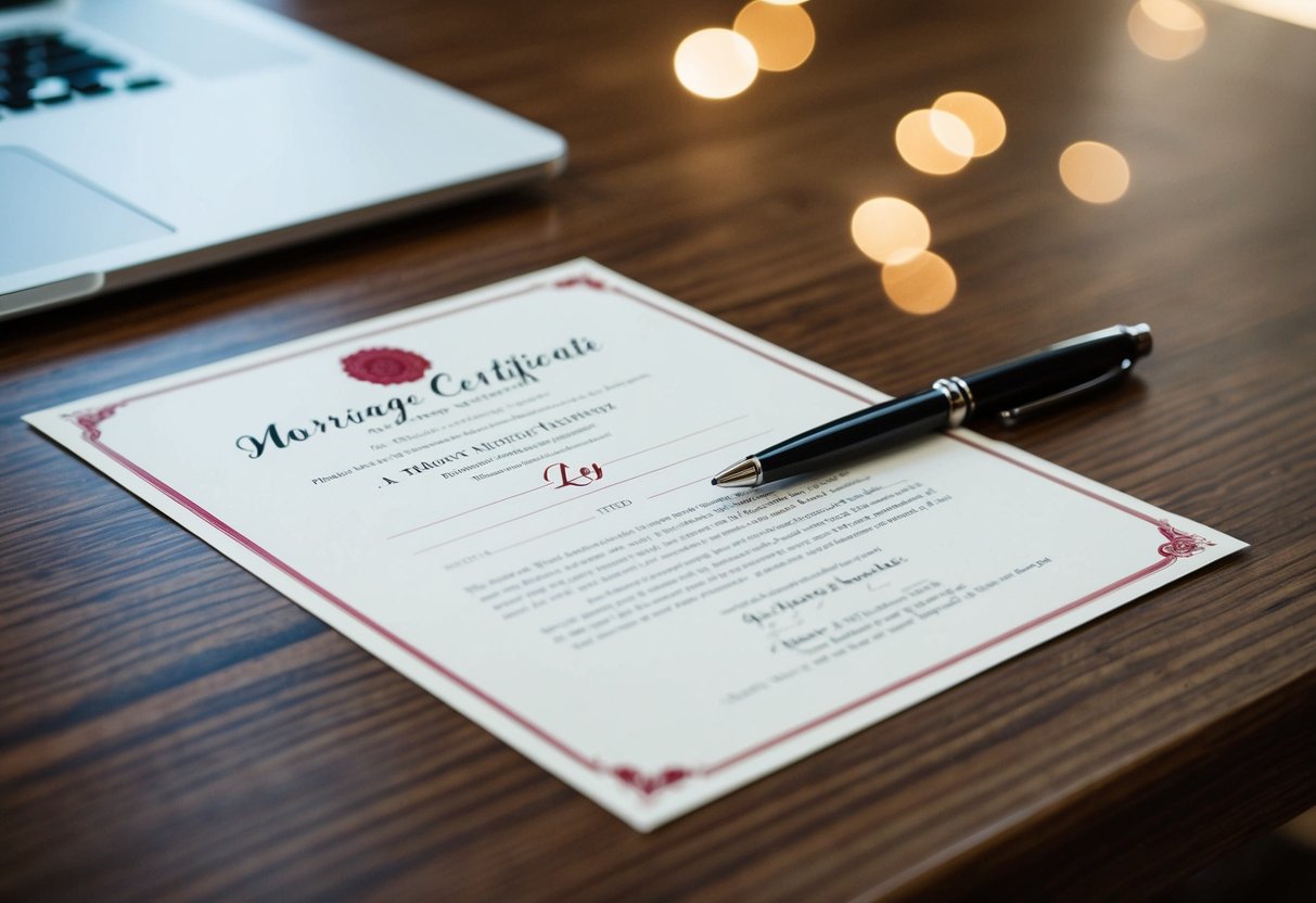 A pen and a blank marriage certificate on a wooden table