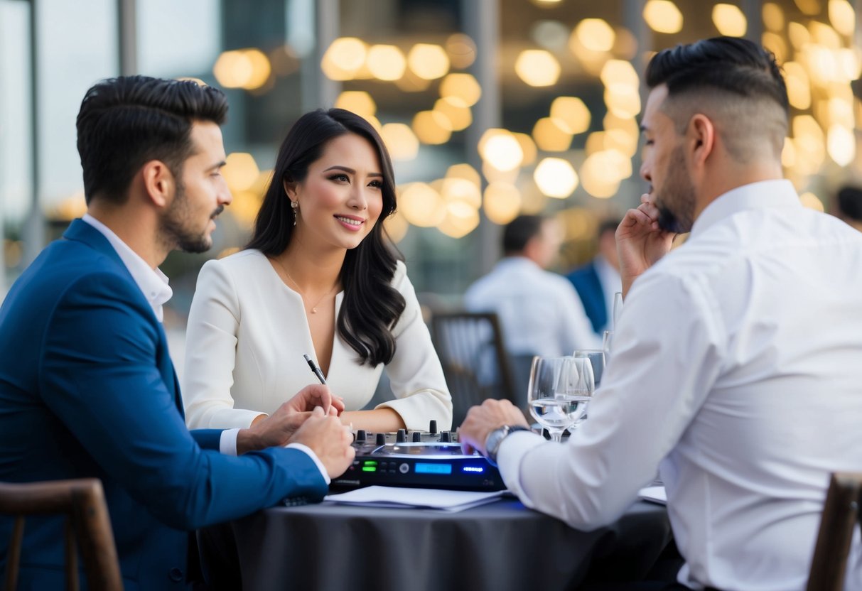 A couple sits with a DJ at a table, discussing contracts and contingencies for their upcoming wedding. The DJ listens attentively, taking notes as they finalize the details