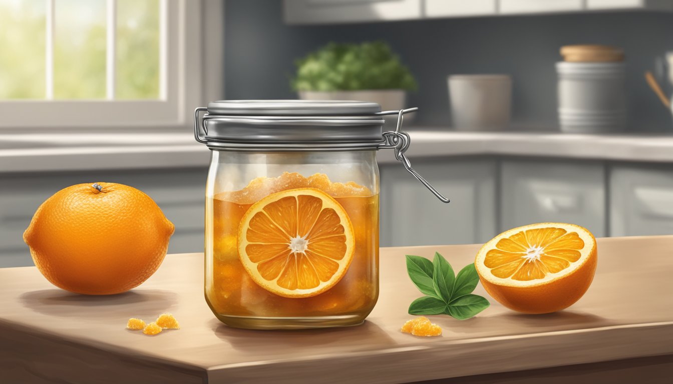 An open jar of expired orange marmalade on a kitchen counter, with visible mold growth and a foul smell