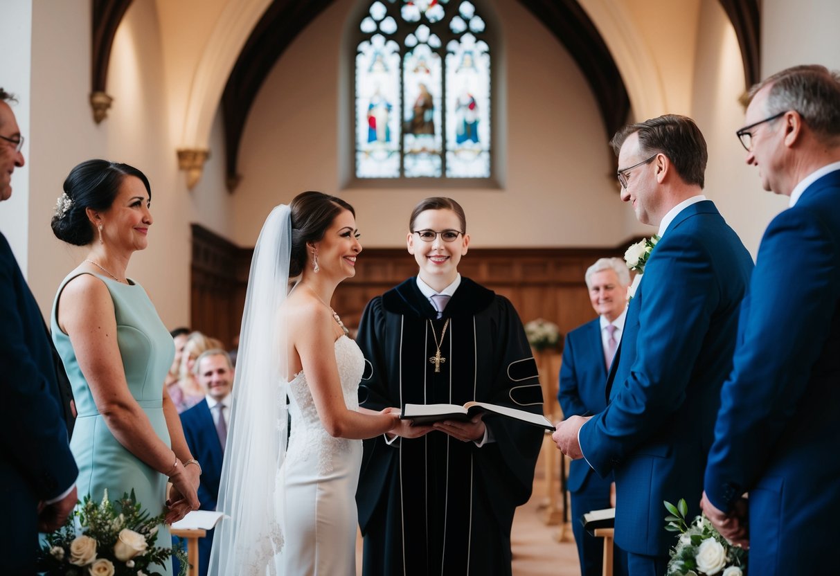 A wedding ceremony in the UK with a couple standing before an officiant and witnesses