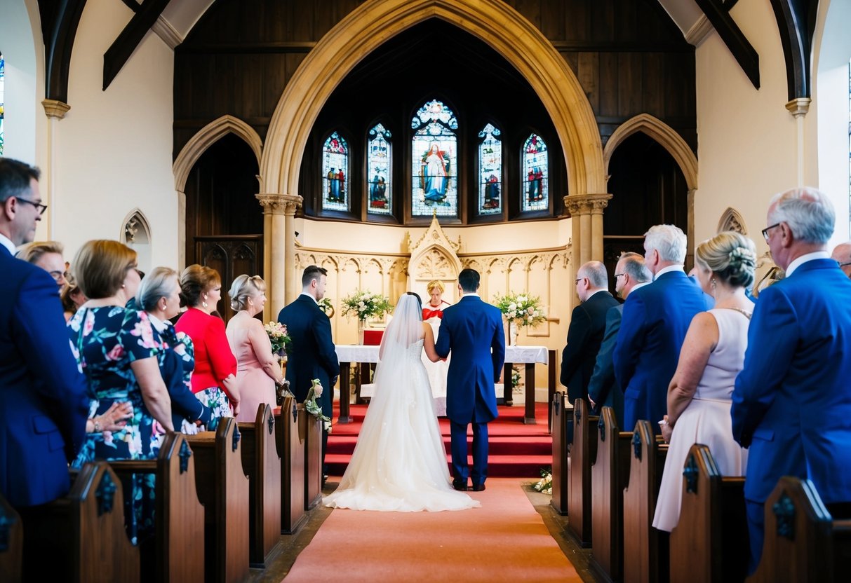 A traditional wedding ceremony in a British church, with the bride and groom standing at the altar surrounded by family and friends