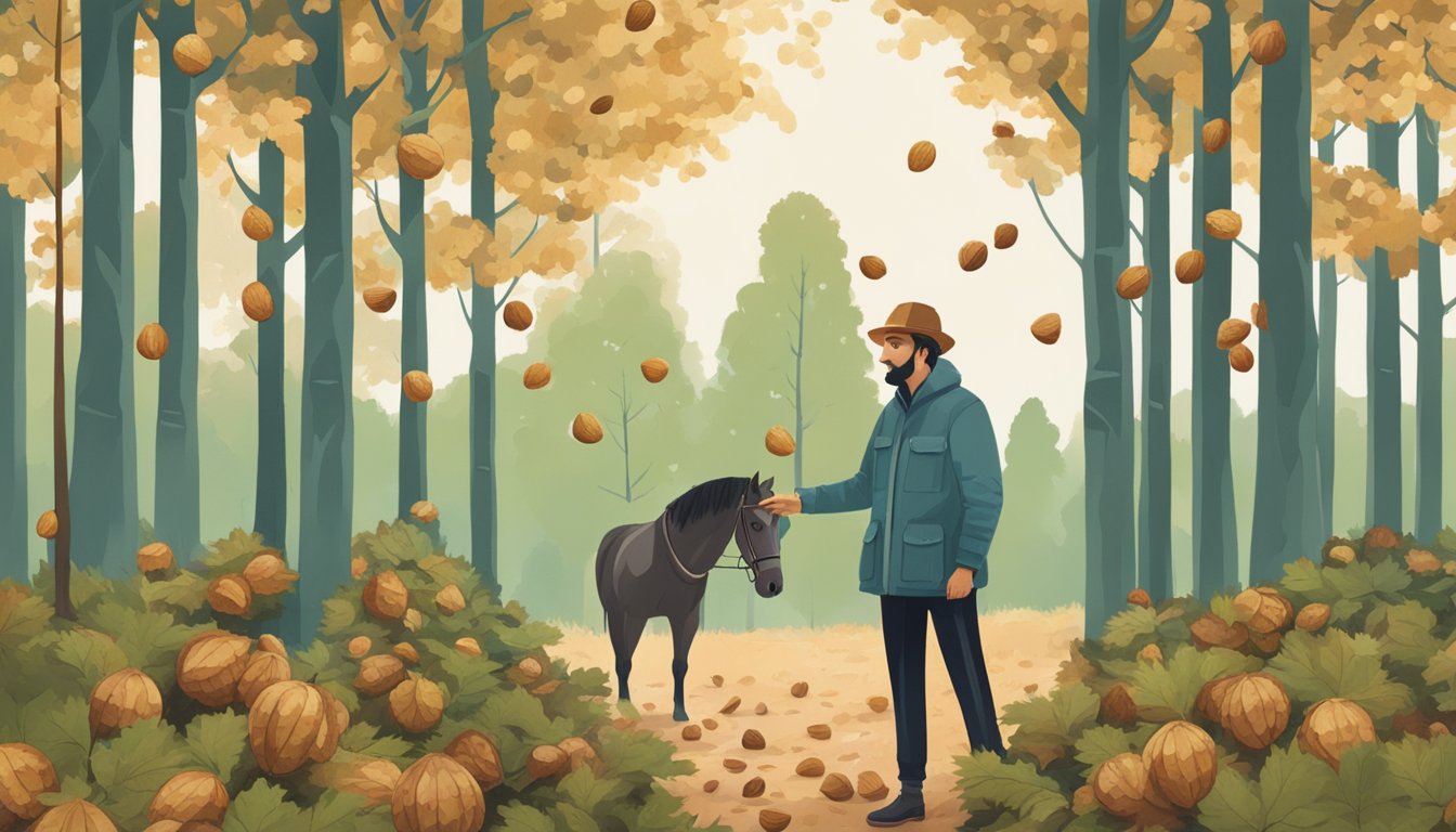 A person standing in a forest, surrounded by horse chestnut trees, holding a handful of the nuts and looking concerned