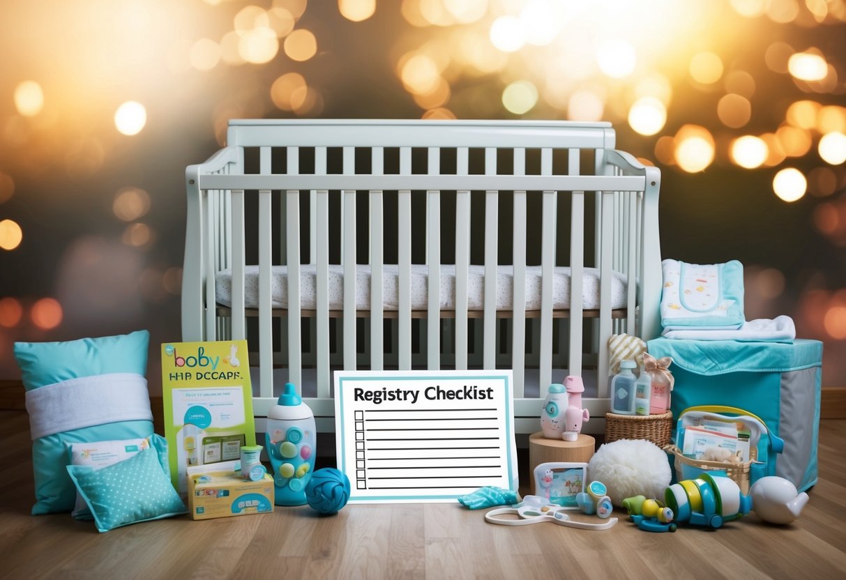 A crib surrounded by baby items on a registry checklist