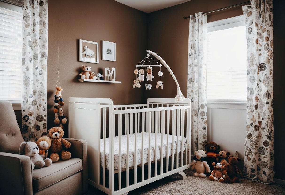 A cozy nursery with a crib, mobile, and stuffed animals