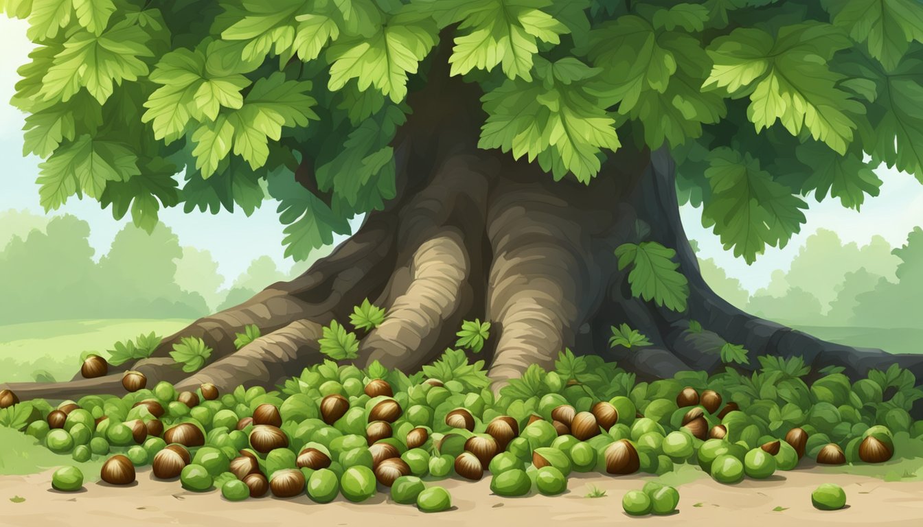 A horse chestnut tree with ripe, spiky green fruit hanging from its branches. Fallen chestnuts lie on the ground, surrounded by lush green foliage