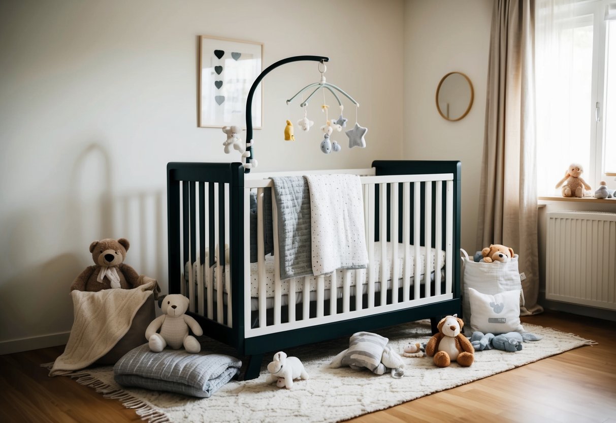 A crib surrounded by essential nursery items, such as a mobile, blankets, and stuffed animals, sits in a cozy, sunlit room