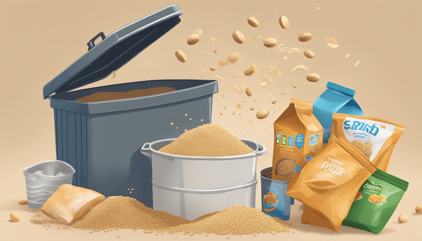 A bag of expired spelt flour being thrown into a trash can, surrounded by other discarded food items