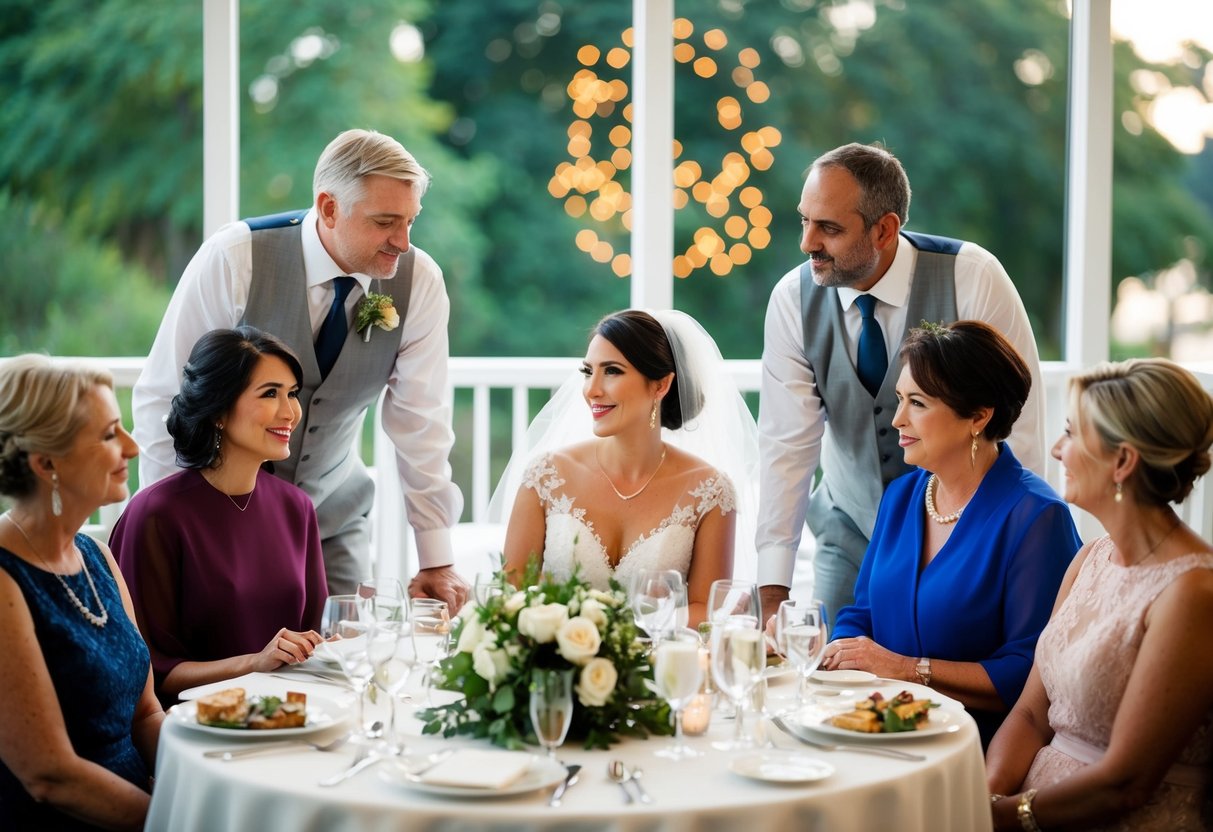 A bride sits at a table, surrounded by family and friends, discussing plans for the rehearsal dinner