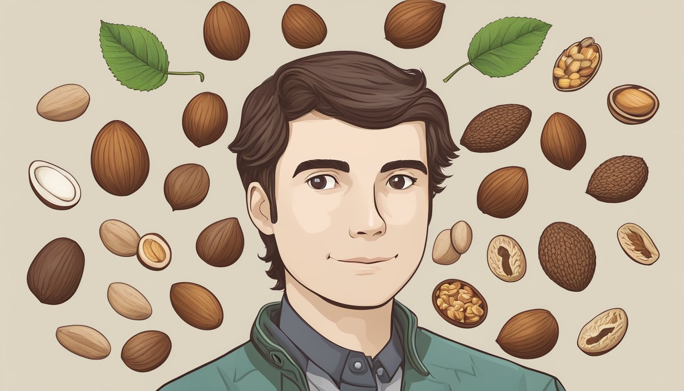 A person holding a horse chestnut and a variety of alternative nuts and seeds, with a question mark above their head