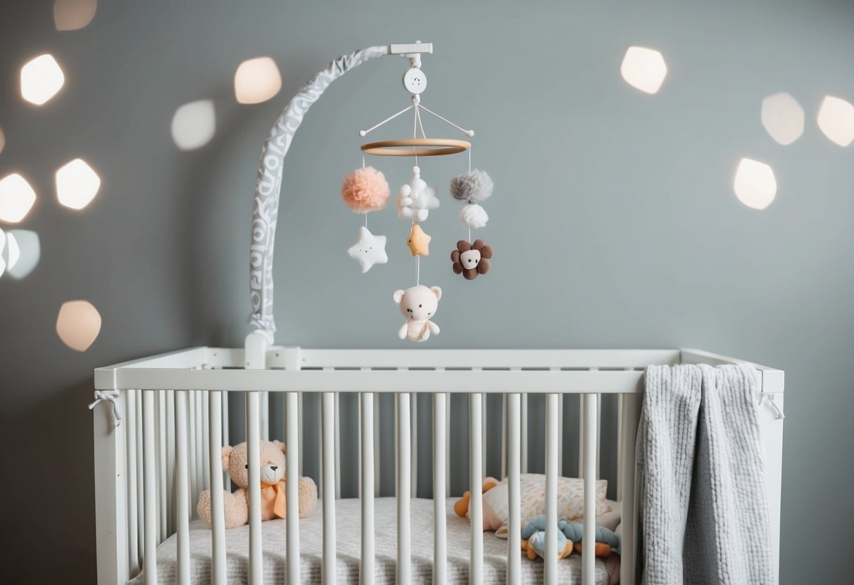A crib surrounded by must-have baby gear, like a mobile, plush toys, and a cozy blanket