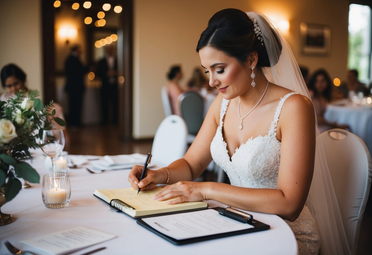 A bride sits at a table, organizing dinner details on a notepad