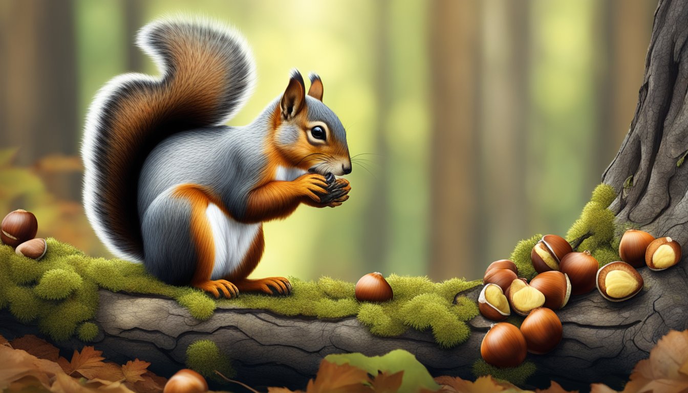 A squirrel perched on a tree branch, nibbling on a horse chestnut while the forest floor below is scattered with fallen chestnuts