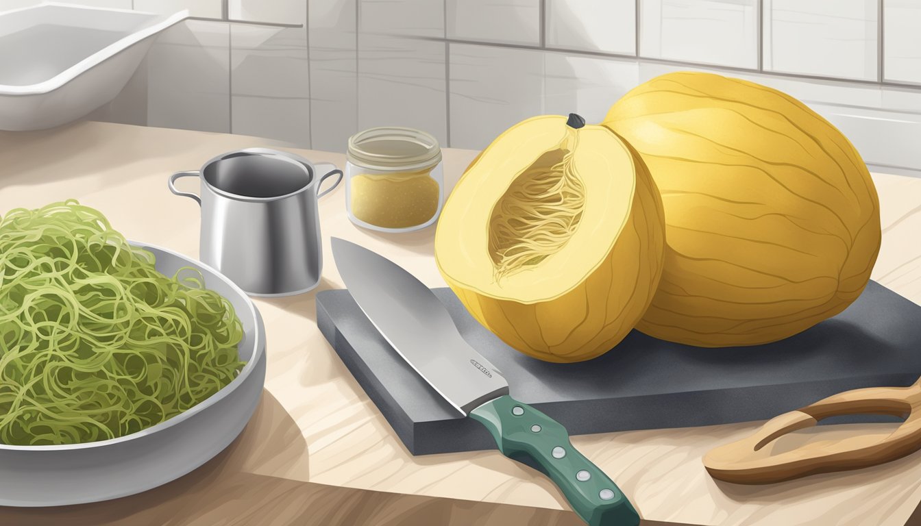 A whole spaghetti squash with mold on the skin, sitting on a countertop next to a knife and cutting board