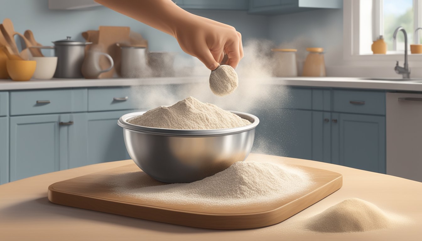 A bag of expired spelt flour sits on a kitchen counter, with a cloud of dust rising as it is opened. A person hesitates, holding a mixing bowl and spoon