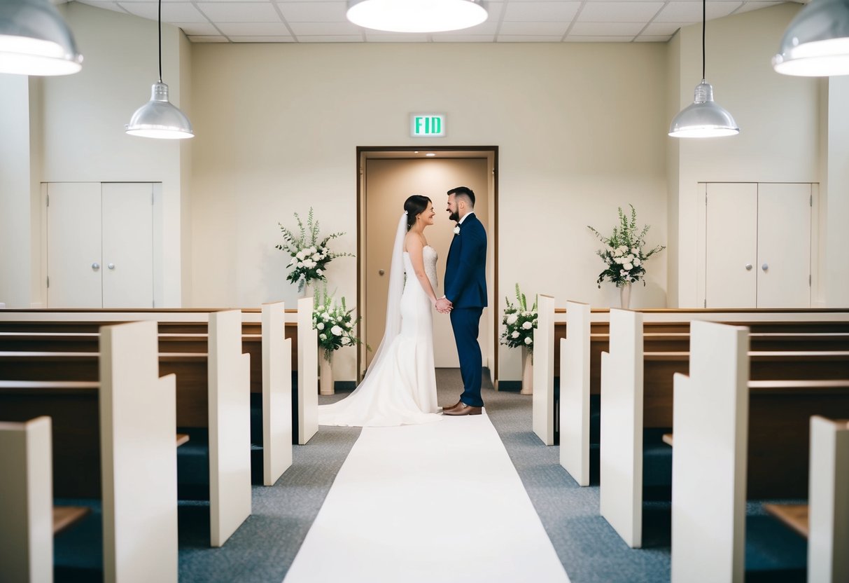 A couple stands at the end of the aisle in a simple registry office, surrounded by minimalistic decor and soft lighting