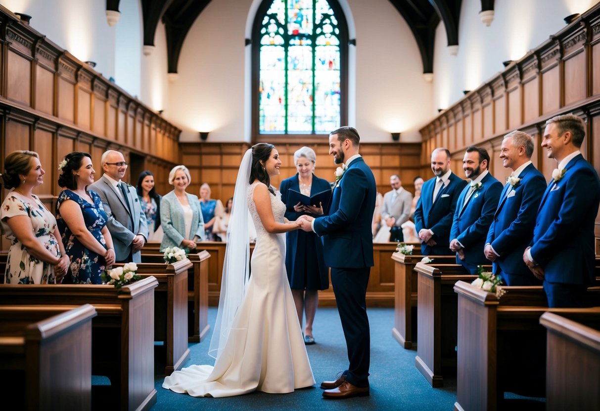 A couple stands at the front of the registry office, exchanging vows as a small group of family and friends look on