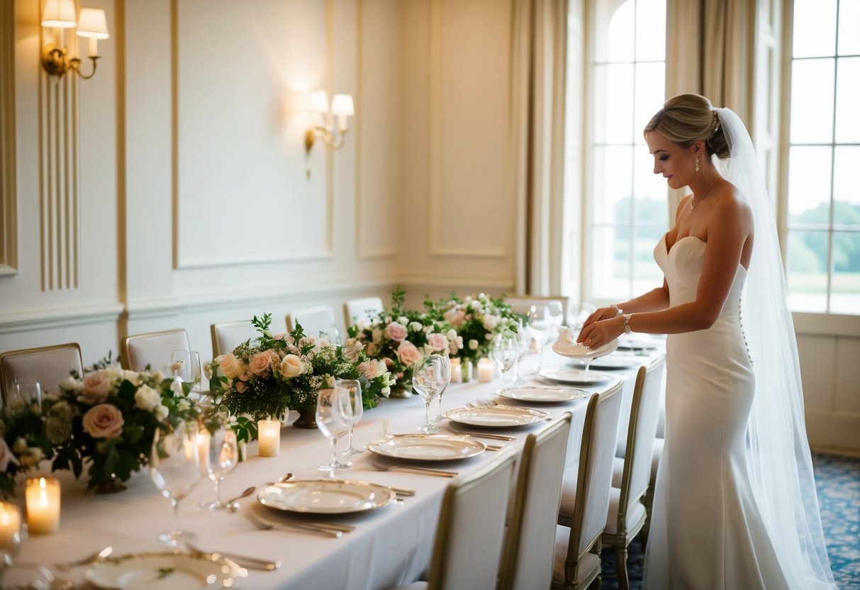 The bride carefully arranges place settings and floral centerpieces on a long banquet table in a softly lit, elegant dining room
