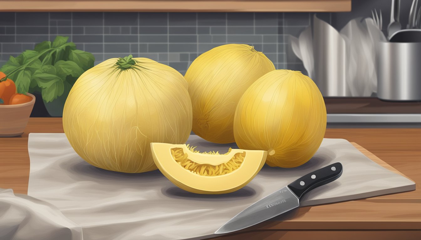 A spaghetti squash with a visibly expired date on its label, sitting on a kitchen counter next to a knife and cutting board