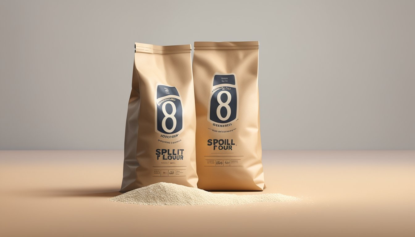 A bag of expired spelt flour next to a fresh bag, with a question mark above it