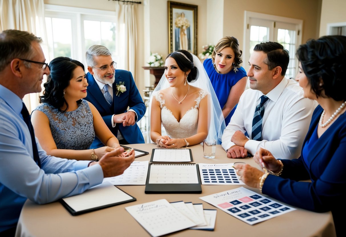A bride sits at a table, surrounded by family and friends, discussing plans for the rehearsal dinner. A calendar and invitation samples are spread out in front of her