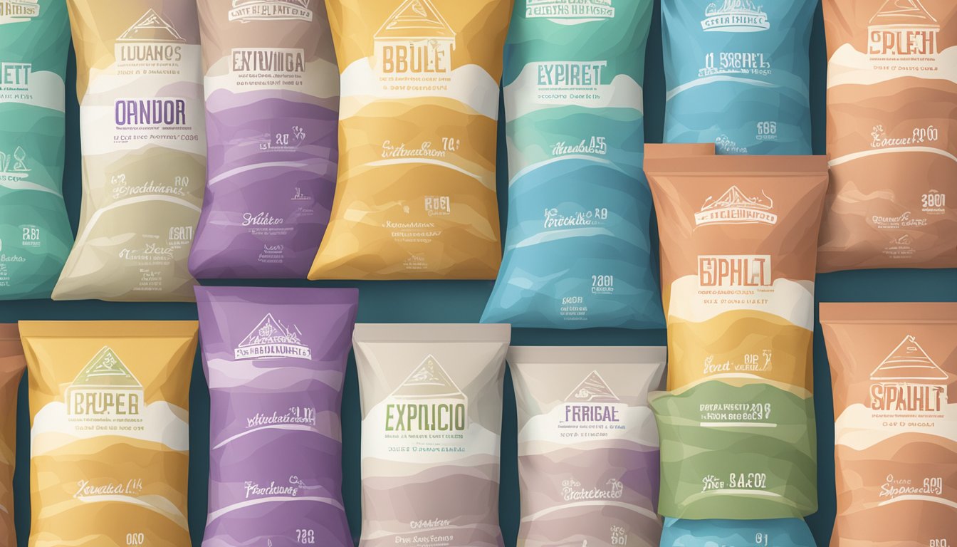 A stack of spelt flour bags with varying expiration dates, surrounded by a spectrum of colors representing freshness to expiration