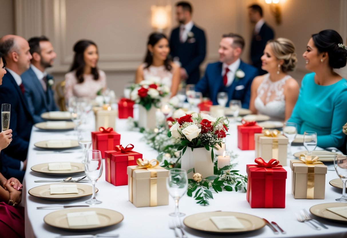 A beautifully set wedding table with empty gift boxes and guests chatting