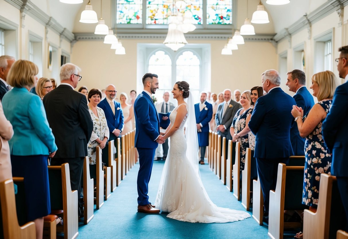 A couple stands at the end of a brightly lit aisle in a registry office, surrounded by family and friends, exchanging vows and rings