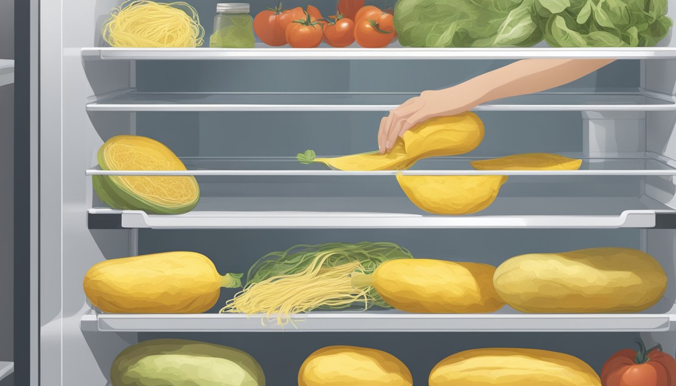 A person placing expired spaghetti squash in a sealed container in the refrigerator