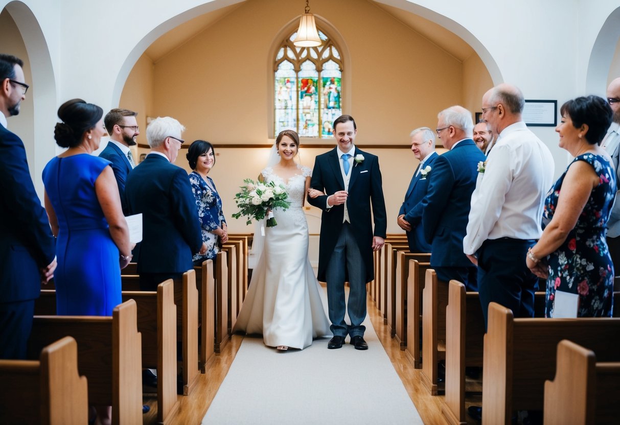 A couple stands at the end of the aisle in a simple registry office, surrounded by witnesses, with a registrar officiating the ceremony
