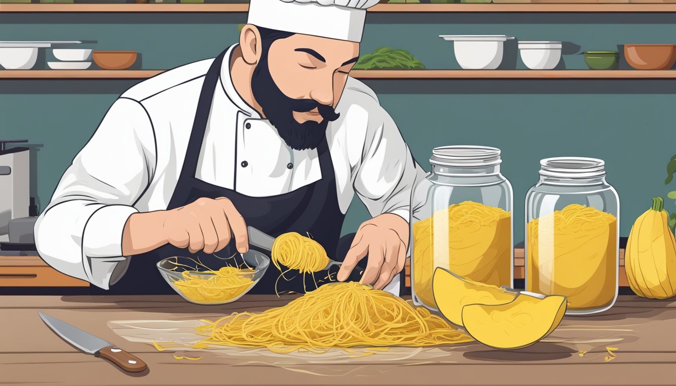 A chef slicing open a spaghetti squash with a knife, scooping out the seeds, and placing the cooked strands into a glass jar for preservation