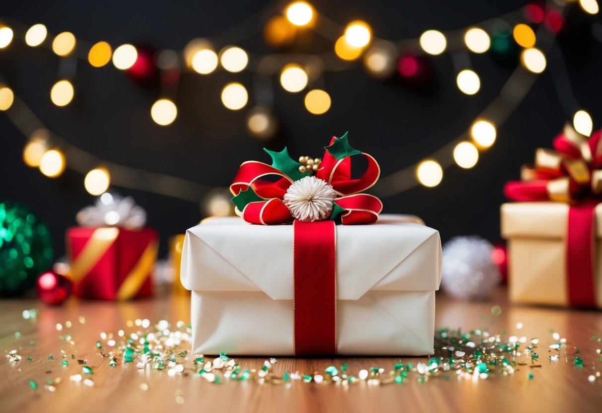 A beautifully wrapped wedding gift with a personalized touch, surrounded by festive decorations and a celebratory atmosphere