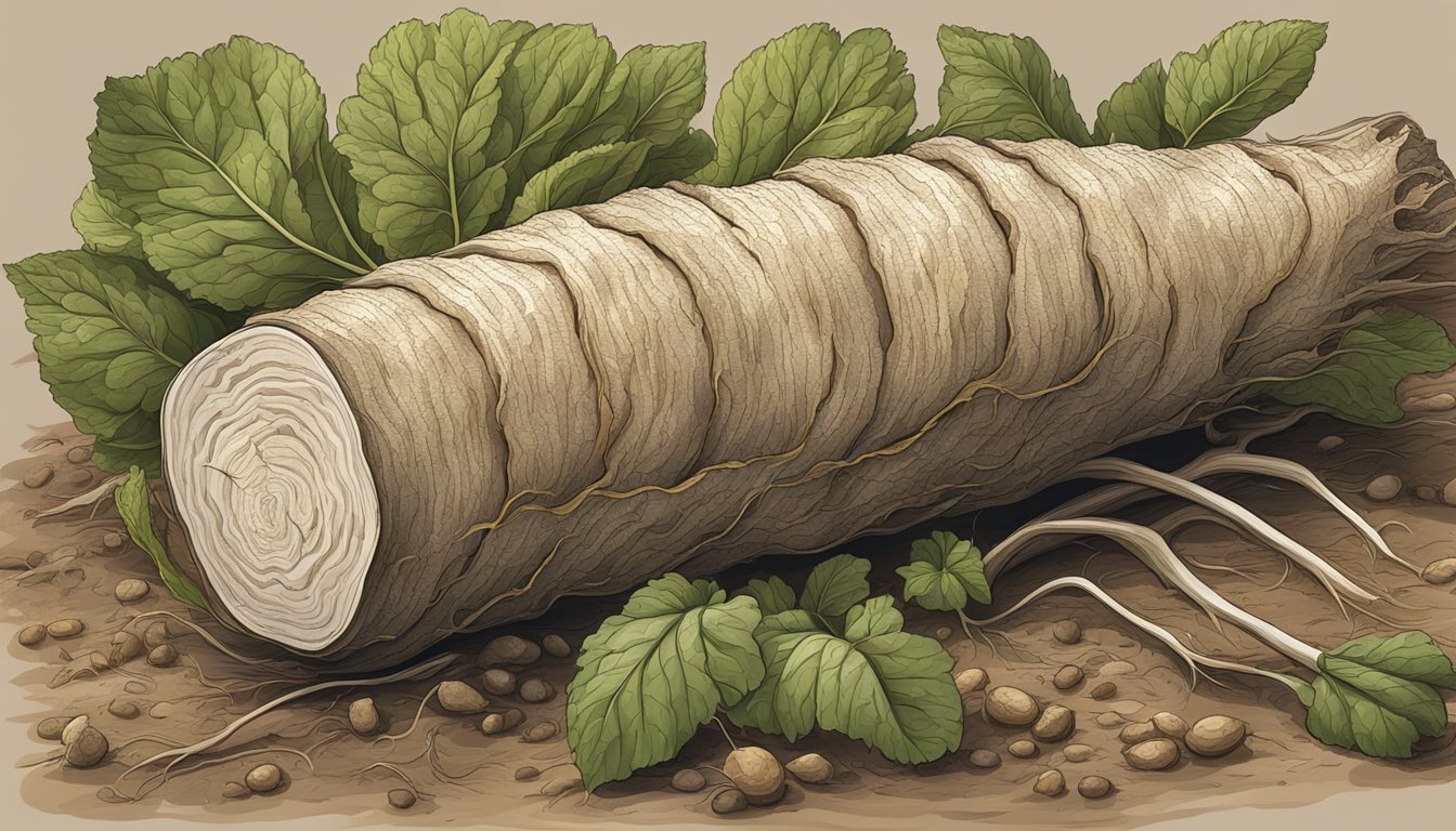 A close-up view of a horseradish root with its long, knobby shape and rough, brown skin. The root is surrounded by dirt and small root hairs