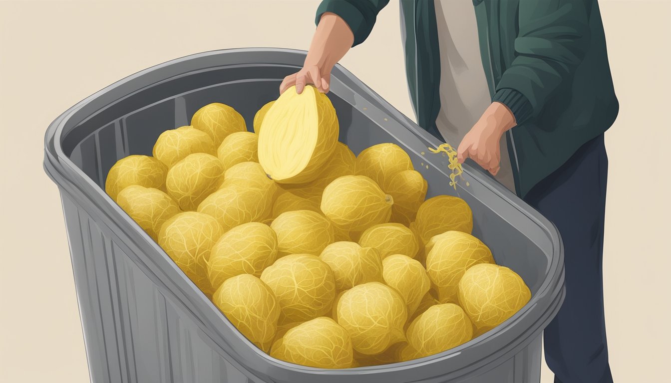 A person discarding expired spaghetti squash into a trash bin