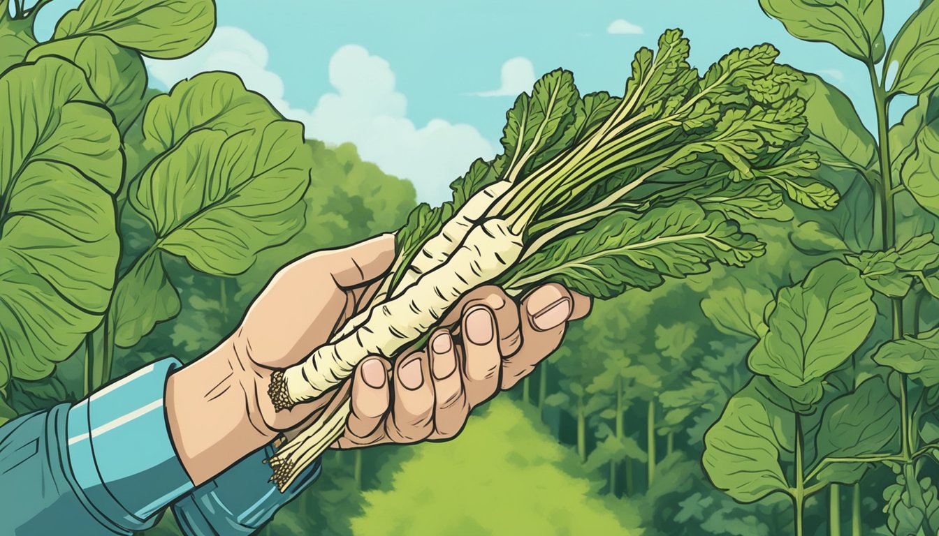 A person holding a freshly harvested horseradish root, surrounded by vibrant green leaves and a clear blue sky in the background