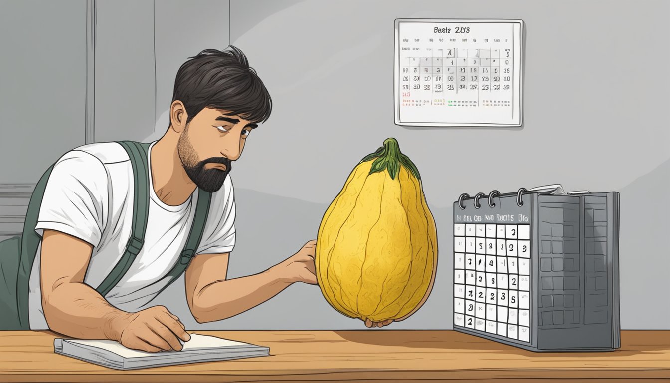 A person examines a moldy spaghetti squash with a concerned expression, while a calendar on the wall shows an expired date