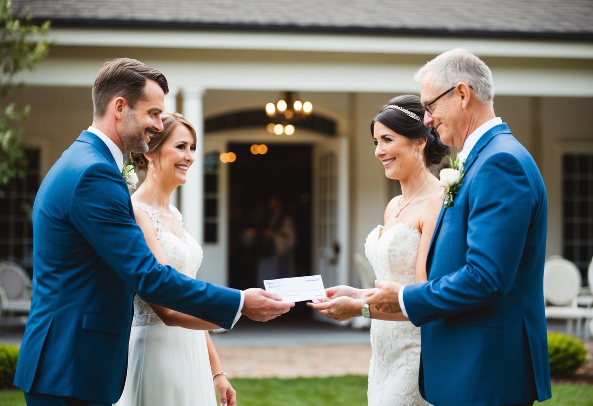 The groom's parents hand over a check to the bride and groom, standing in front of a wedding venue