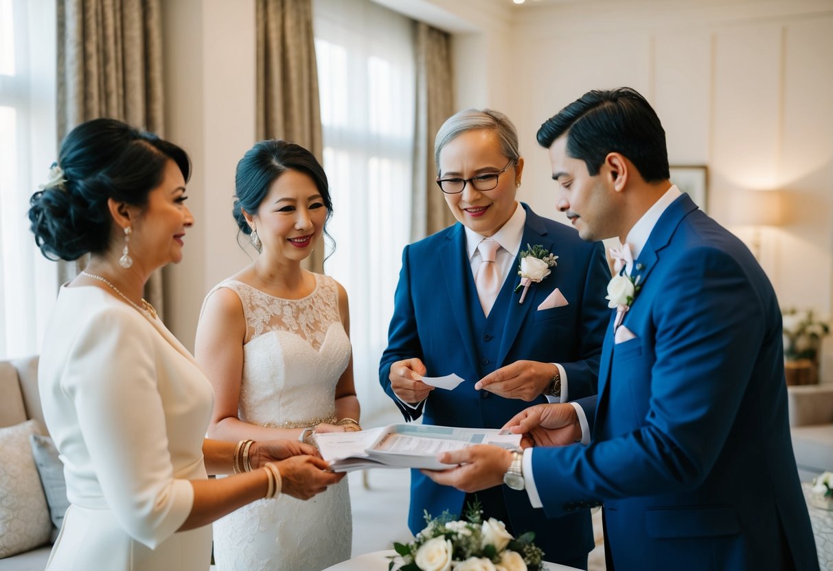 Groom's parents discussing wedding budget with couple and making financial contributions