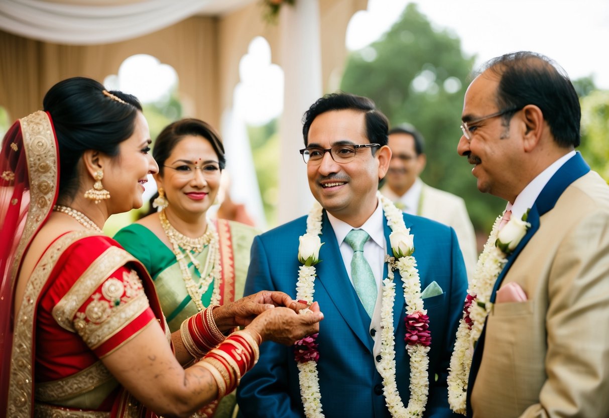 The groom's parents are actively involved in pre-wedding events, offering support and guidance to the couple