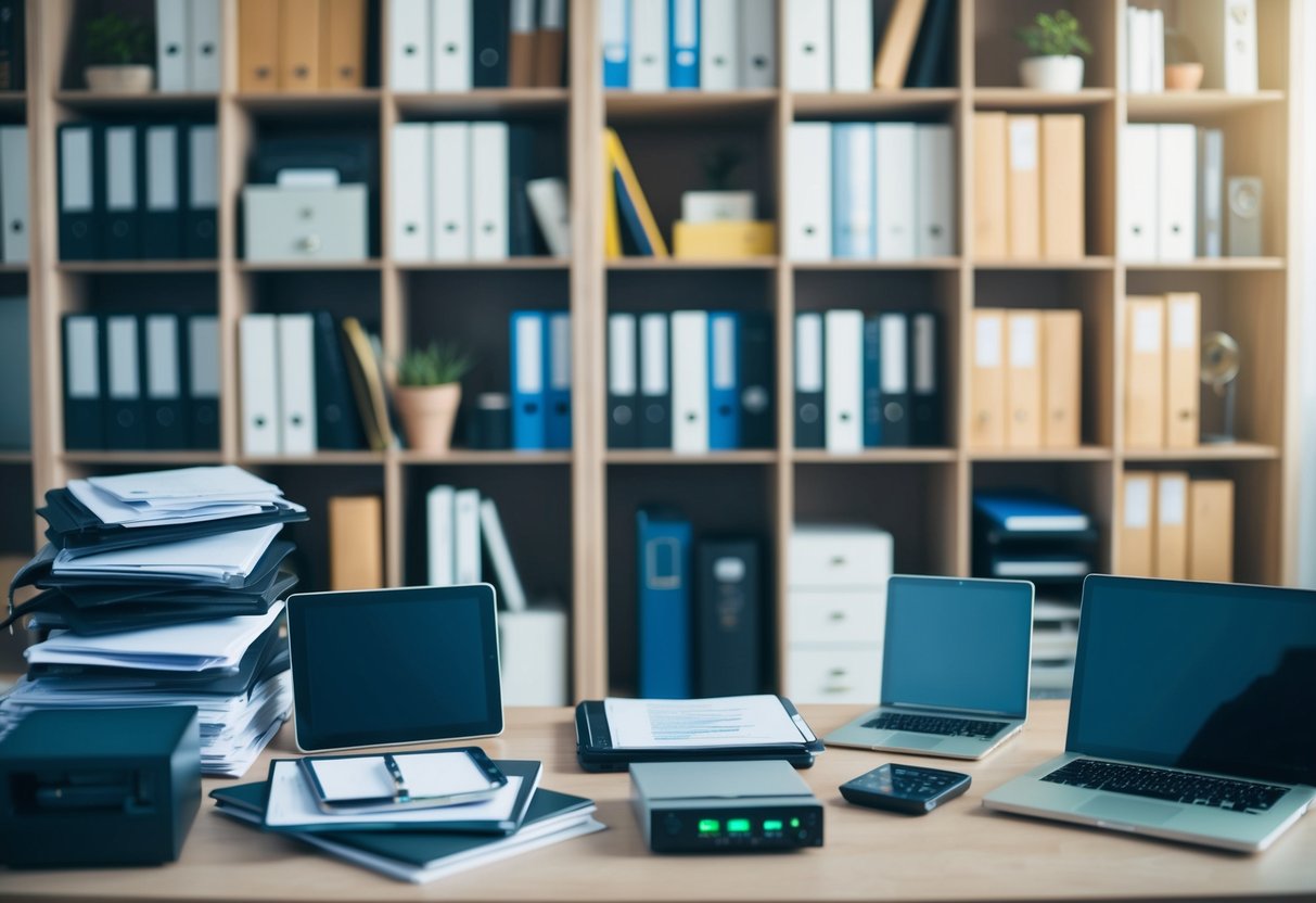 A collection of various objects, such as documents, files, and electronic devices, organized in a systematic manner