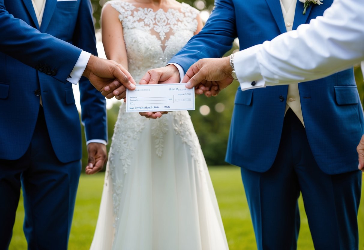 The groom's family hands over a check to the bride and groom, symbolizing their contribution to the wedding expenses