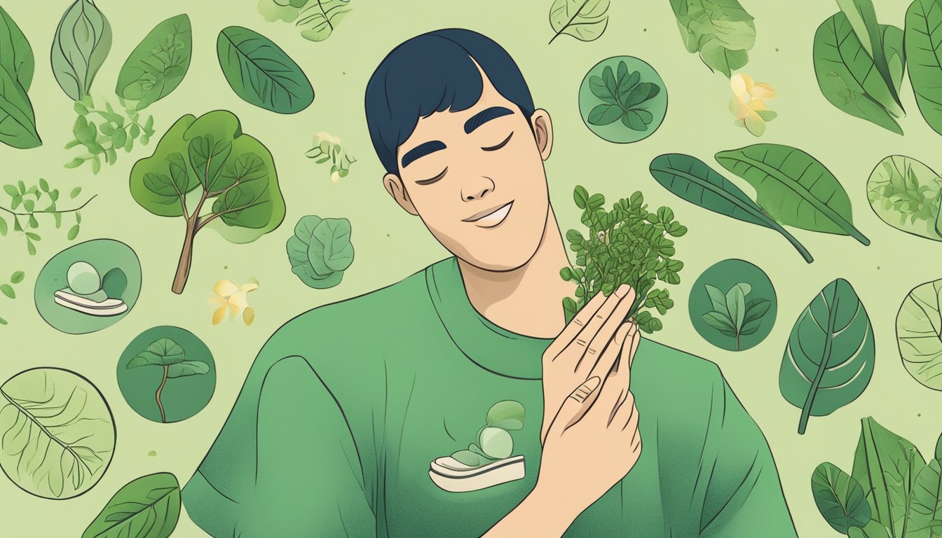 A person holding a bunch of fresh moringa leaves, with various health condition symbols floating around them