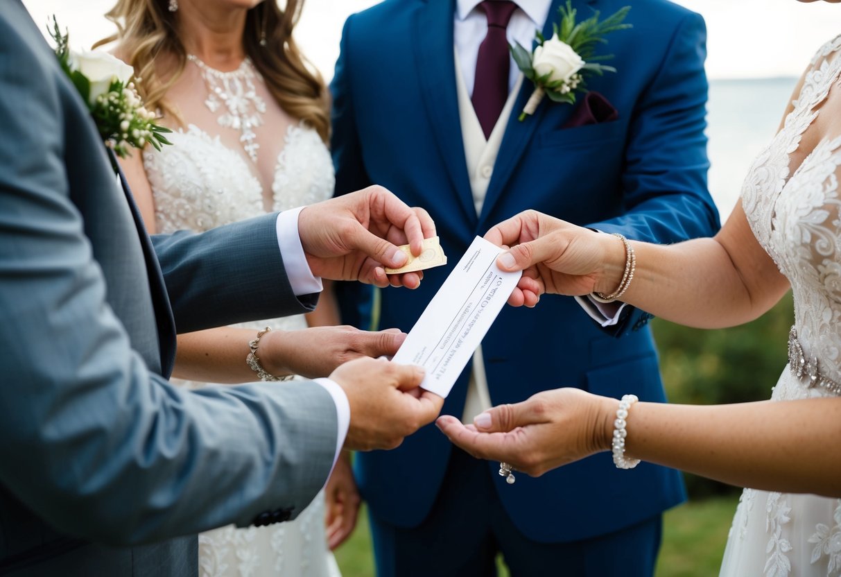 Groom's parents handing over a check or envelope to the bride and groom, symbolizing their contribution to the wedding
