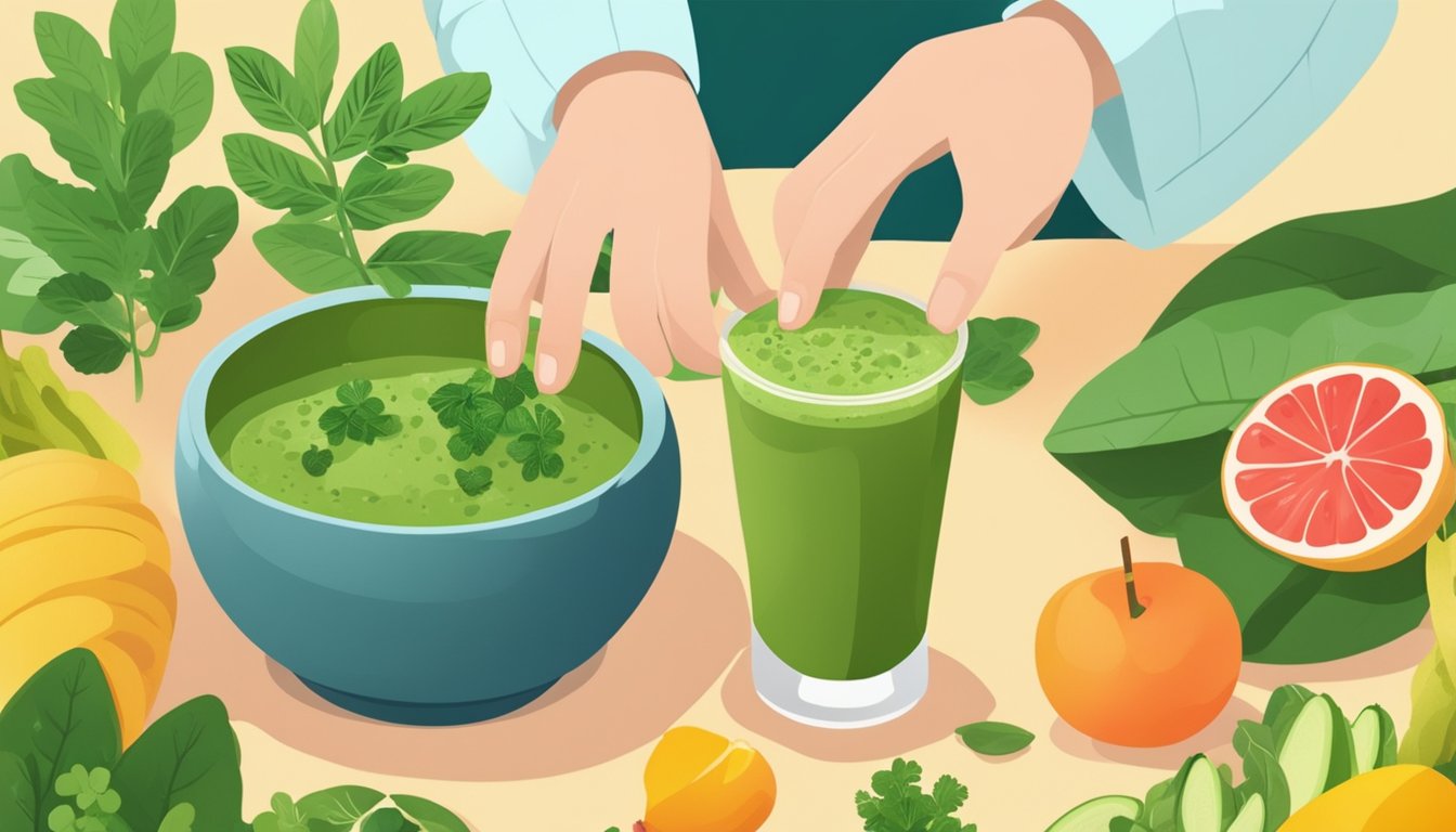 A person adding moringa leaves to a smoothie, surrounded by fresh fruits and vegetables