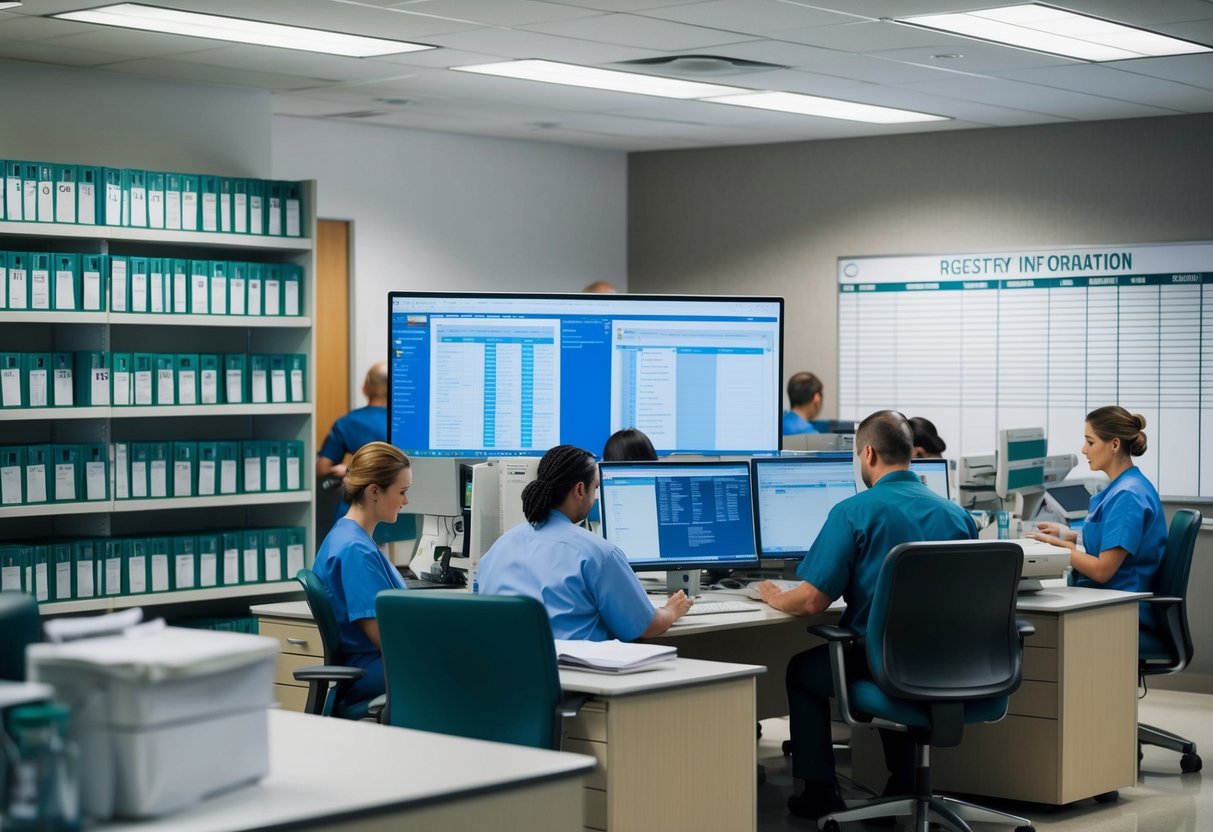 A busy hospital office with staff inputting data into a computer system, shelves of medical records, and a large whiteboard displaying registry information